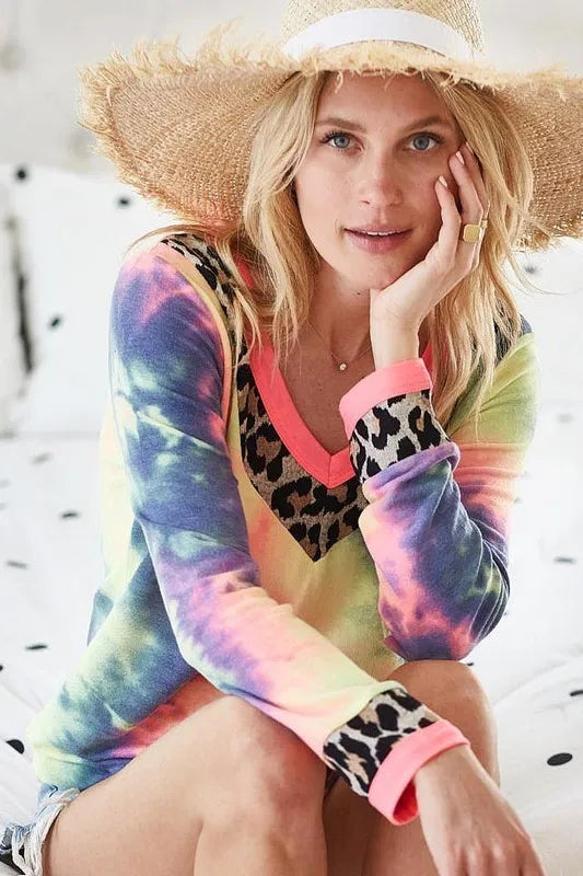 Image of BiBi Tie Dye Terry V-Neck Top | Queeble.shop
