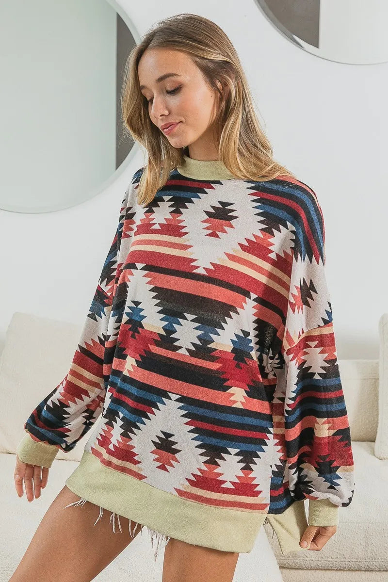 Image of BiBi Aztec Print Mirr Mock Neck Lslv Top | Queeble.shop