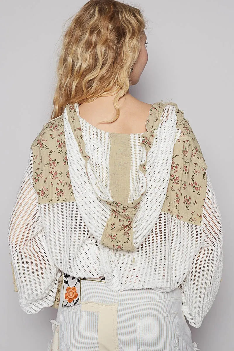Image of POL Vintage Washed Crochet Hoodie Jacket With Patchwork | Queeble.shop