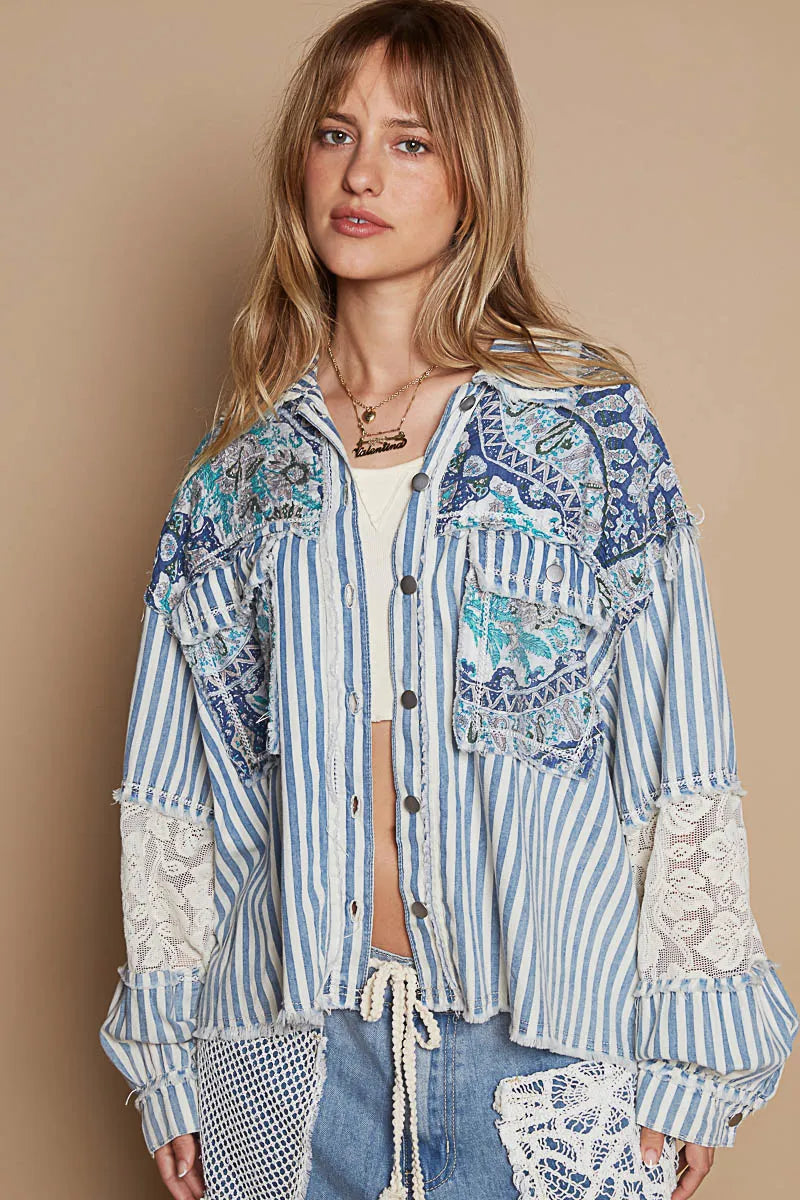Image of POL Printed Woven Mix Raw Hem Jacket with Lace Detail | Queeble.shop