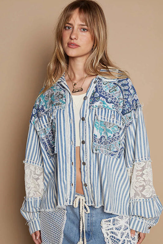 Image of POL Printed Woven Mix Raw Hem Jacket with Lace Detail | Queeble.shop