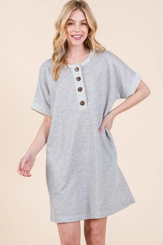 Image of BOMBOM Casual Contrast Trim Henley Dress | Queeble.shop