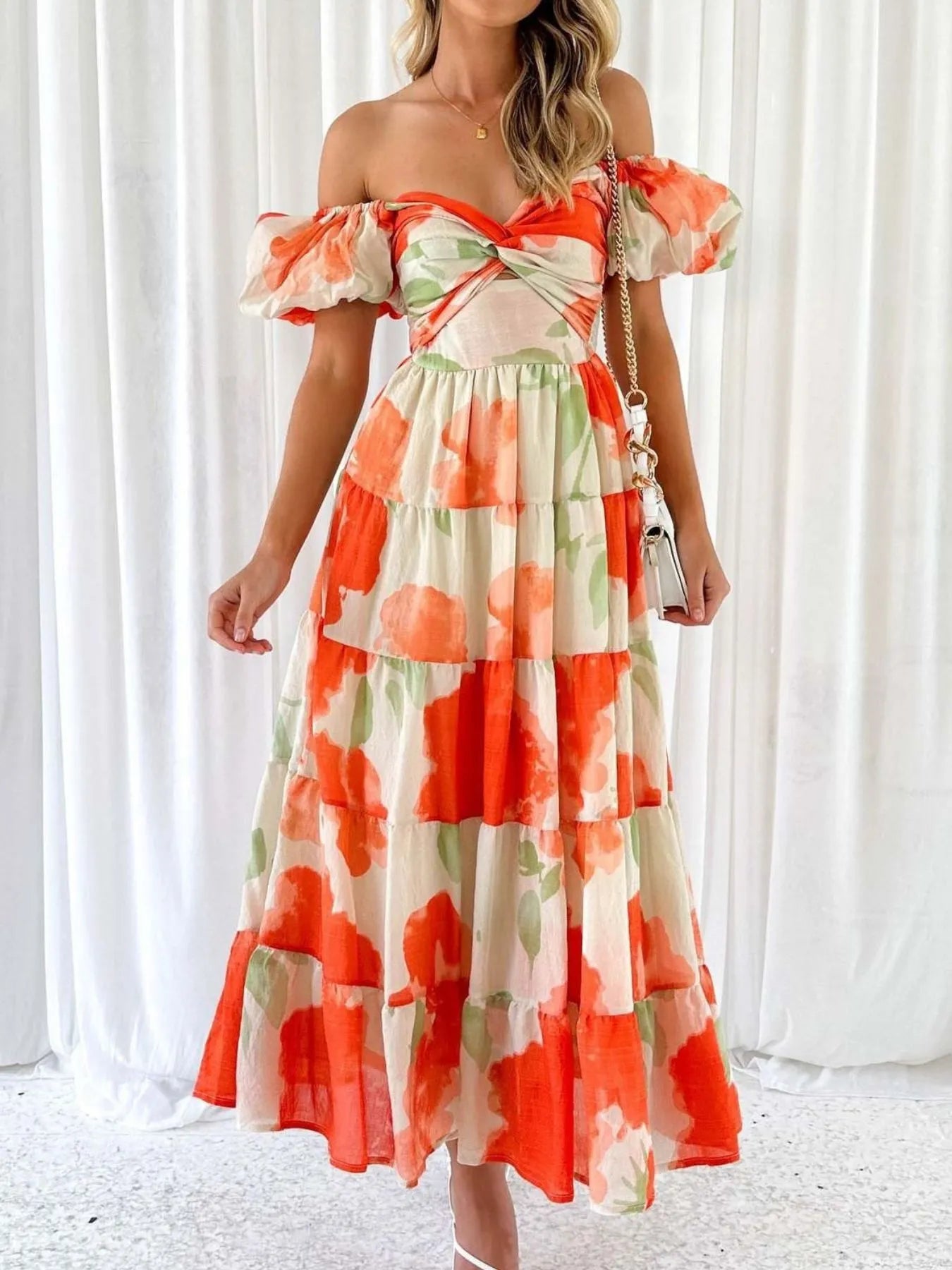 Image of Off-Shoulder Floral Tiered Dress with Ruffle Details | Queeble.shop