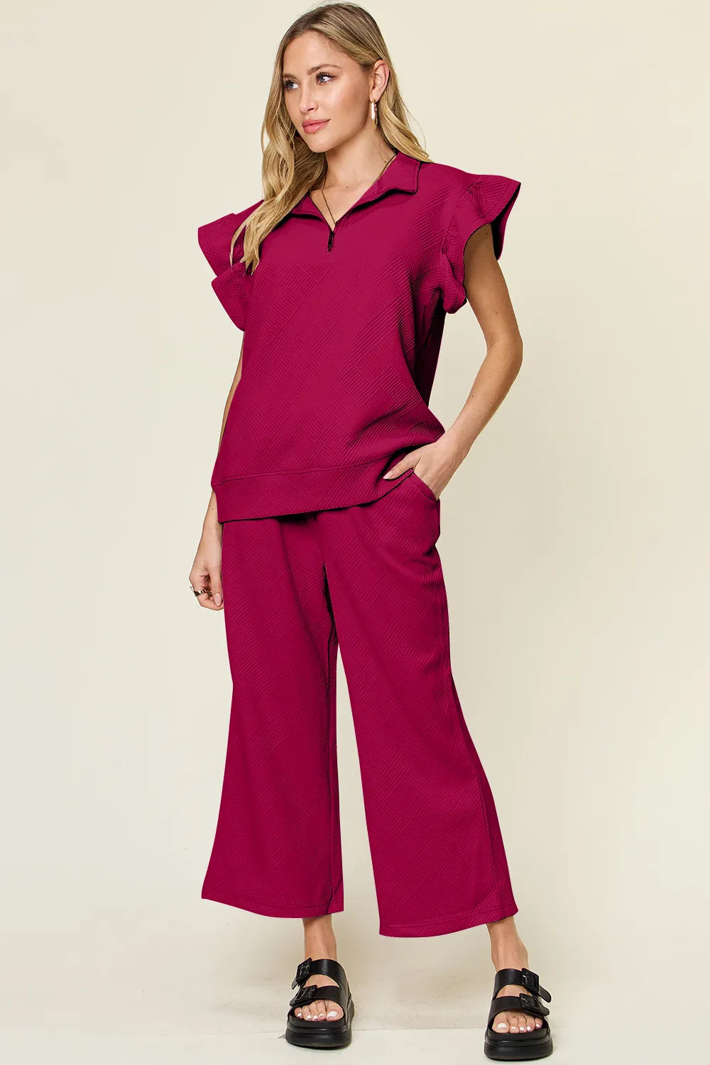 Image of Double Take Texture Ruffle Short Sleeve Top and Drawstring Wide Leg Pants Set | Queeble.shop