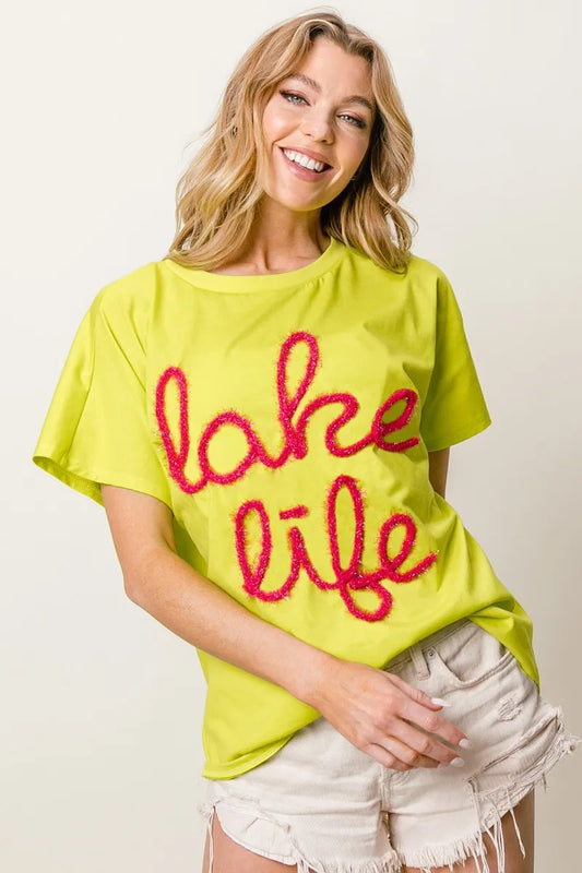 Image of BiBi Metallic Letter Short Dolman Sleeve Top | Queeble.shop