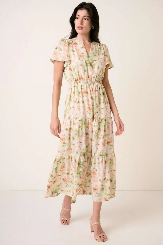 Image of Mittoshop Flower Print Flutter Sleeve V Slit Maxi Dress | Queeble.shop