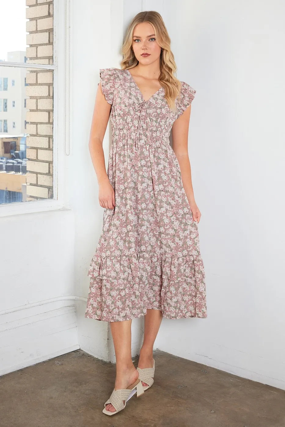 Image of Mittoshop Flower Print Ruffle Cap Sleeve V-neck Midi Dress | Queeble.shop