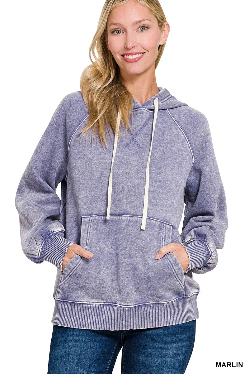Image of Zenana Acid Wash Fleece Hoodie with Kangaroo Pocket | Queeble.shop