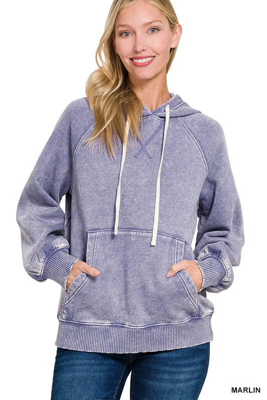 Image of Zenana Acid Wash Fleece Hoodie with Kangaroo Pocket | Queeble.shop