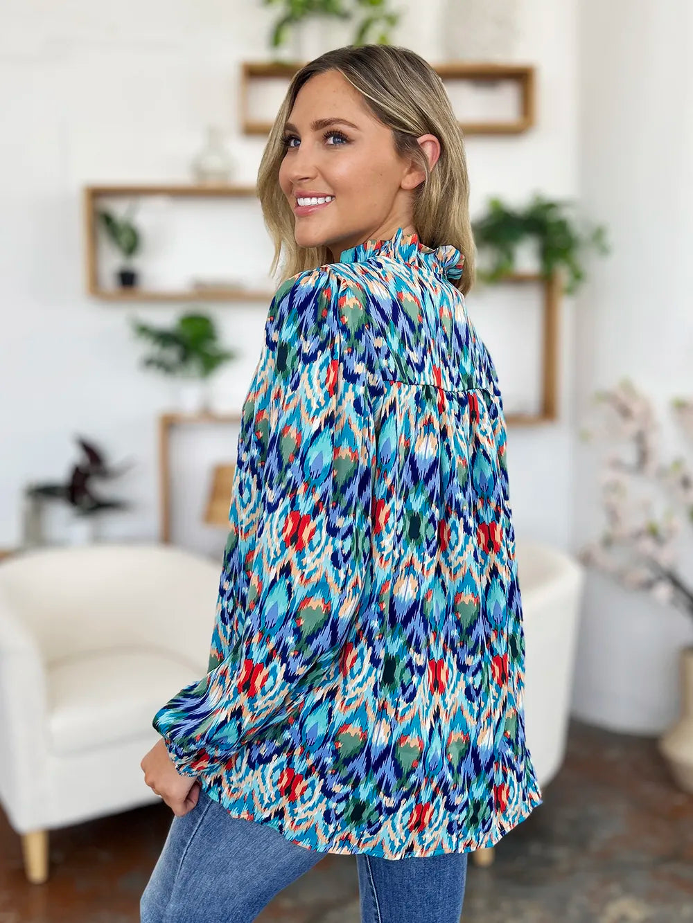 Image of Double Take Full Size Printed Balloon Sleeve Blouse | Queeble.shop