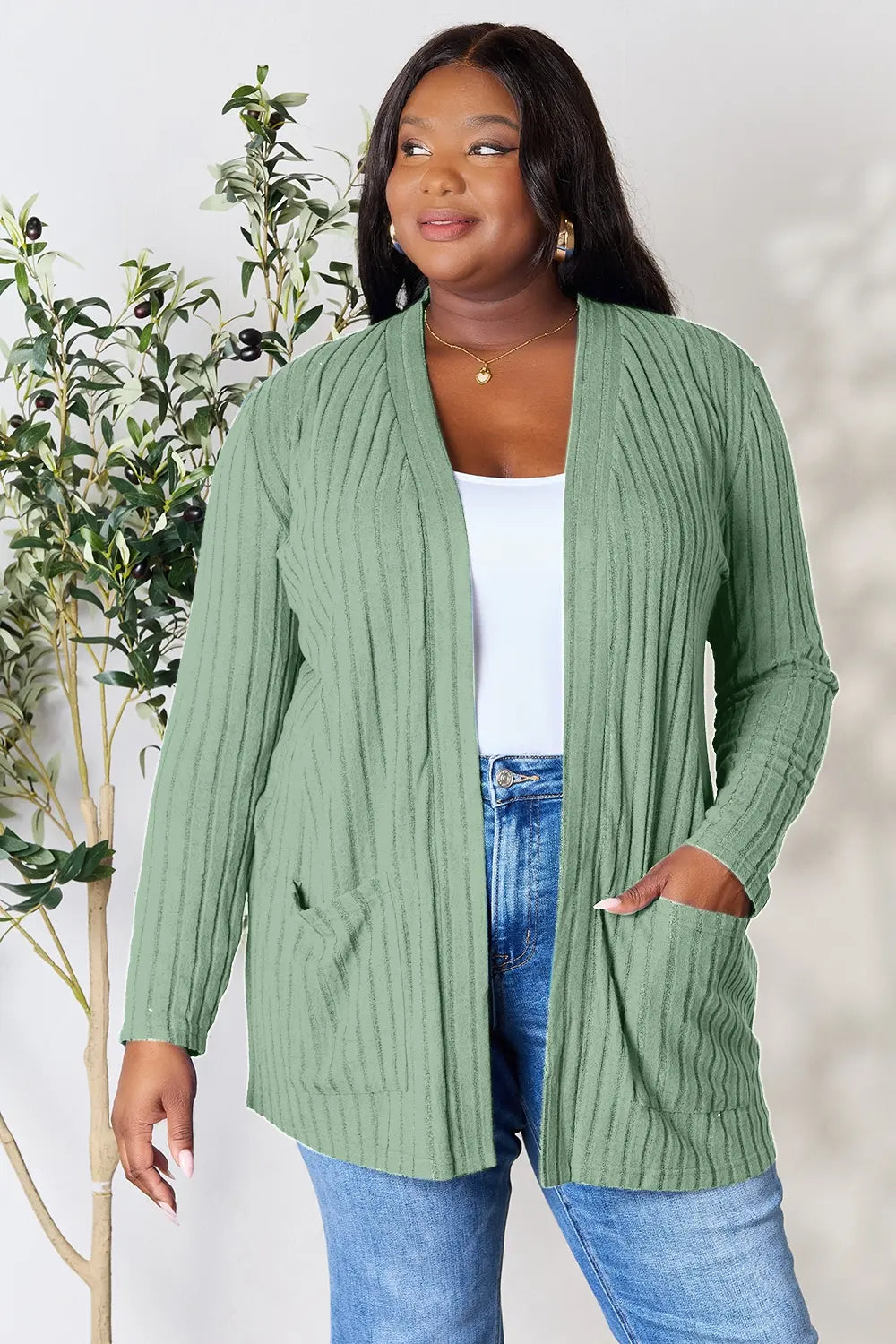 Image of Basic Bae Full Size Ribbed Open Front Cardigan with Pockets | Queeble.shop