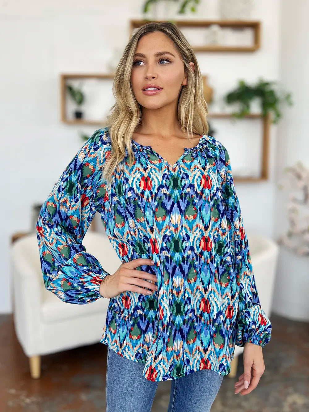 Image of Double Take Full Size Printed Balloon Sleeve Blouse | Queeble.shop