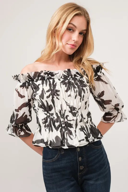 Image of And The Why Smocked Off-Shoulder Floral Printed Top | Queeble.shop
