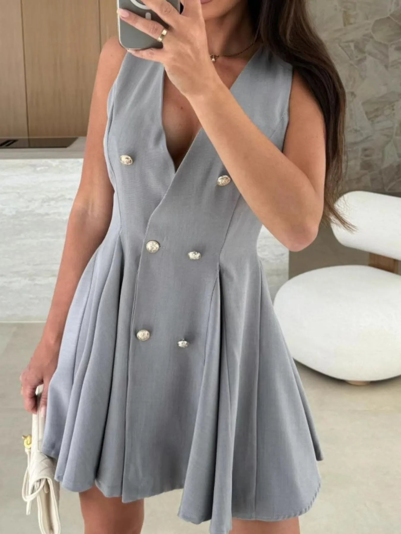 Image of Sleeveless Double-Breasted Mini Dress | Queeble.shop
