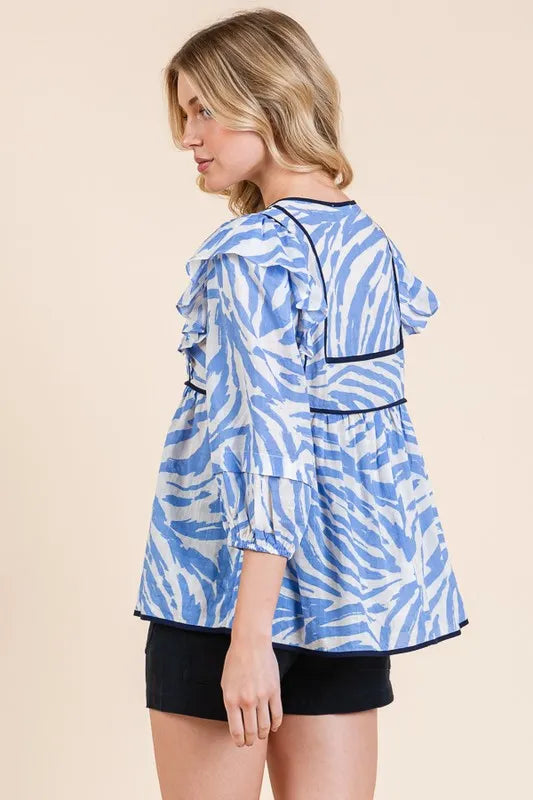Image of Lime 'N' Chili Graphic Print Solid Trim Quarter Sleeve Blouse | Queeble.shop