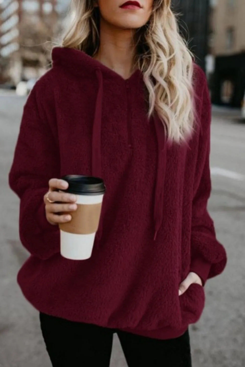Image of Full Size Quarter-Zip Drawstring Teddy Hoodie | Queeble.shop