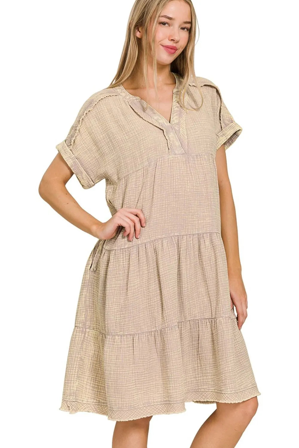 Image of Zenana Washed Double Gauze Raw Edge Notched Dress | Queeble.shop