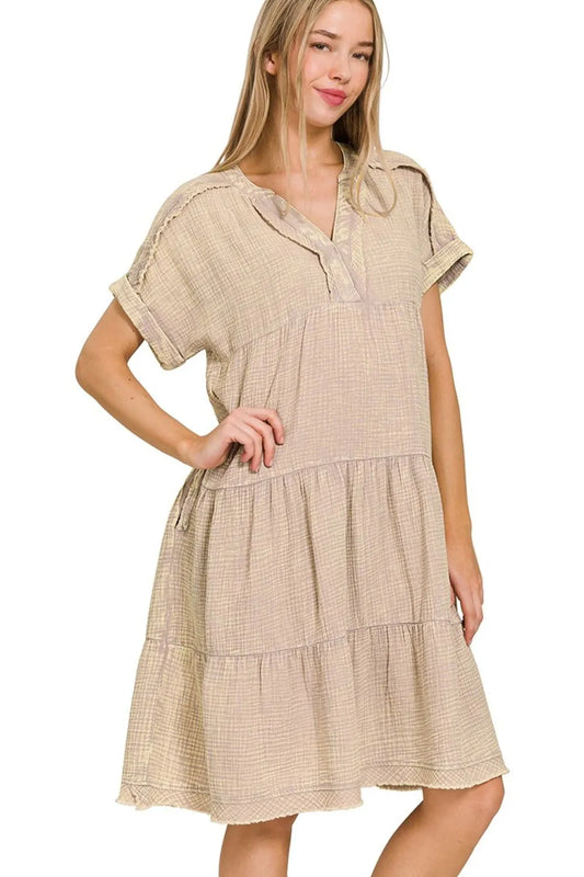 Image of Zenana Washed Double Gauze Raw Edge Notched Dress | Queeble.shop