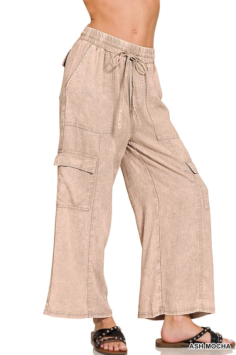 Image of Zenana Washed Linen Elastic Band Waist Cargo Pants | Queeble.shop