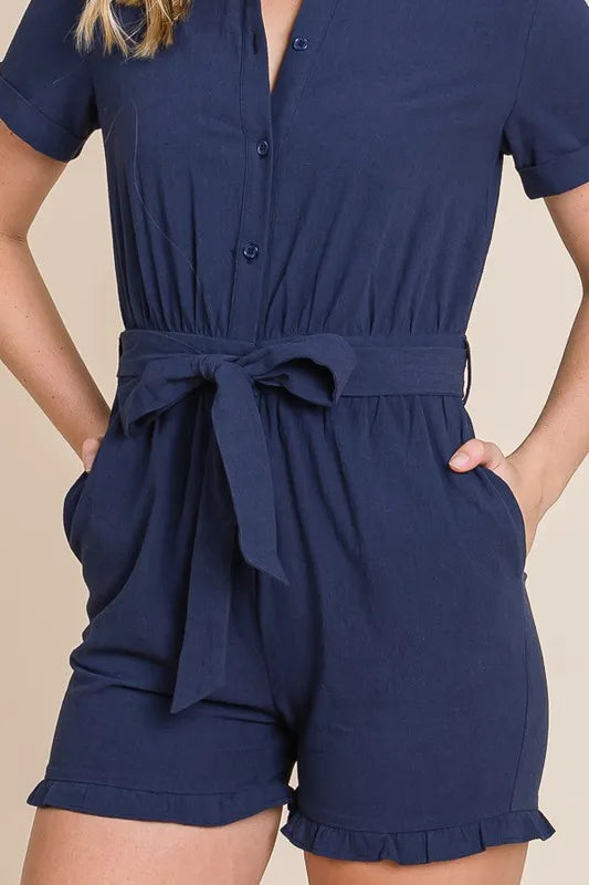 Image of Lime 'N' Chili Collared Button Down Romper with Tie Belt | Queeble.shop