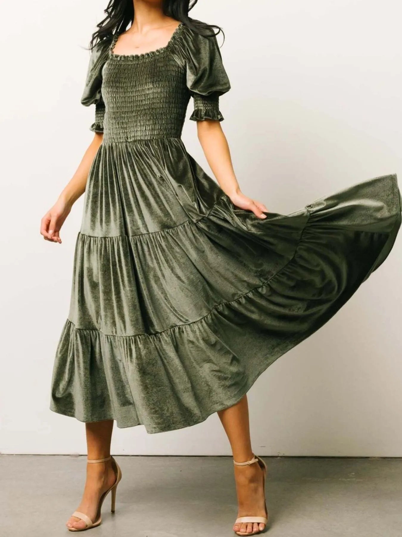 Image of Smocked Half Sleeve Tiered Midi Dress | Queeble.shop
