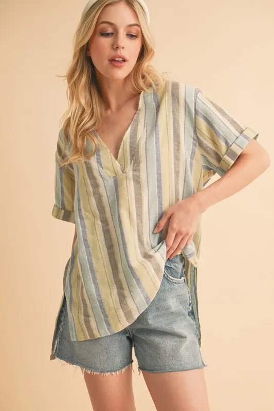 Image of Aemi+Co Side Slit Striped Short Sleeve Blouse | Queeble.shop