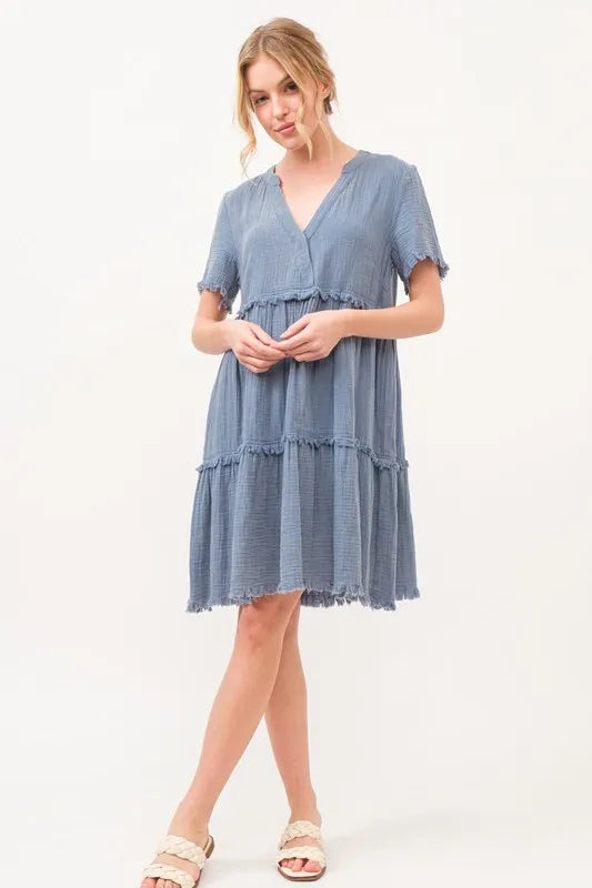 Image of And The Why Washed Frayed Detail Tiered Dress | Queeble.shop