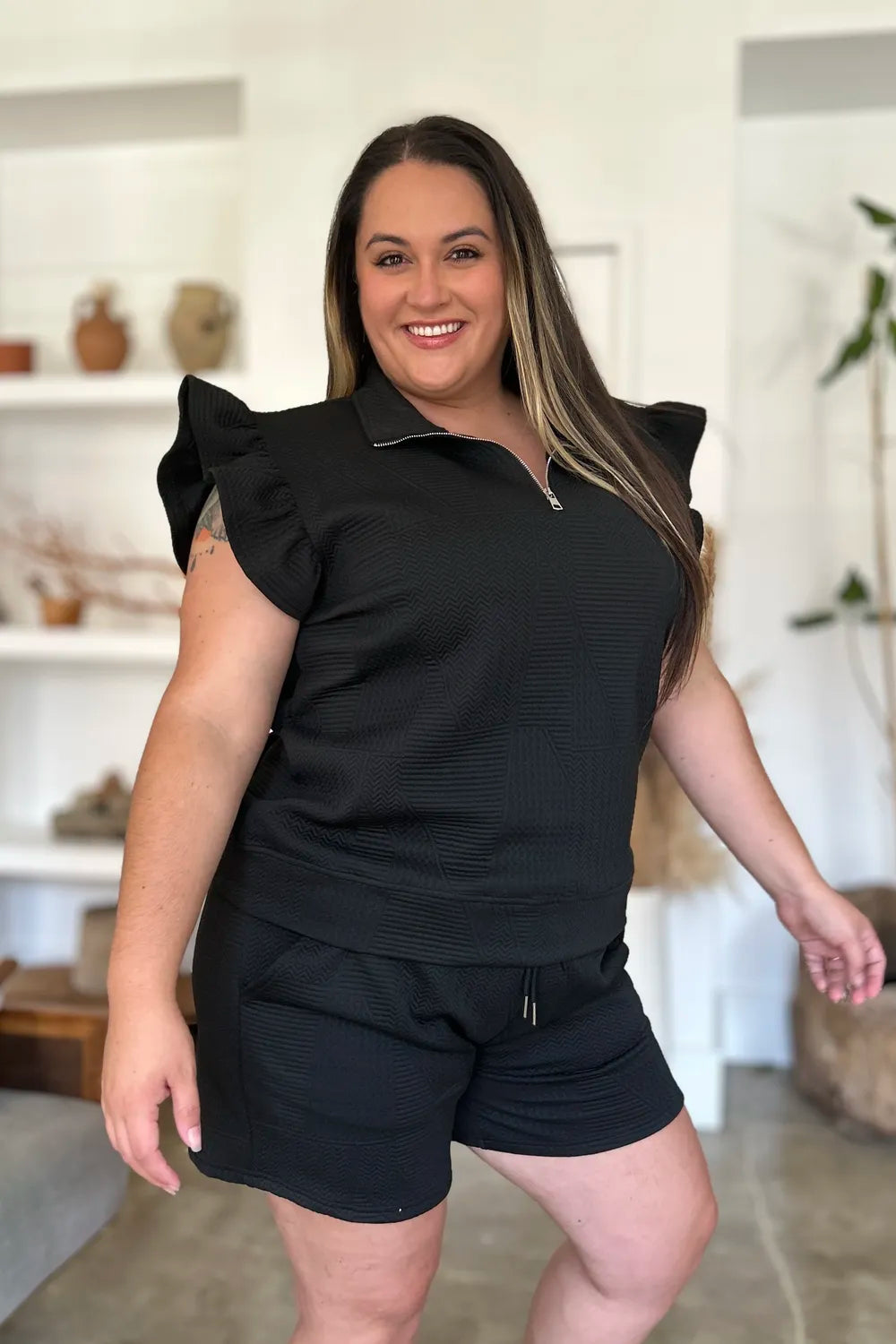 Image of Double Take Full Size Texture Flounce Sleeve Top and Shorts Set | Queeble.shop