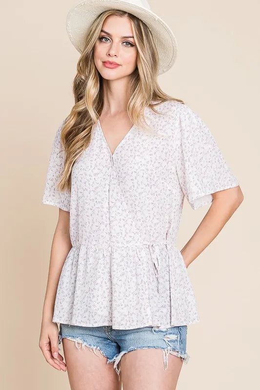 Image of Lime 'N' Chili Ditsy Print V-Neck Short Sleeve Wrap Blouse | Queeble.shop