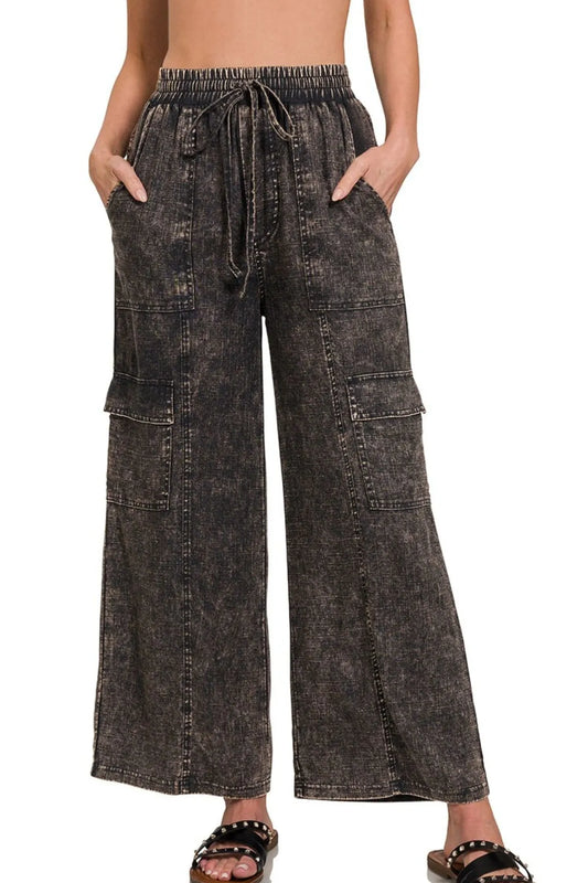 Image of Zenana Washed Linen Elastic Band Waist Cargo Pants | Queeble.shop