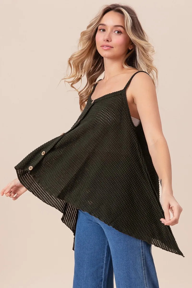 Image of BiBi Popcorn Waffle Knit with Buttoned Front Cami Top | Queeble.shop