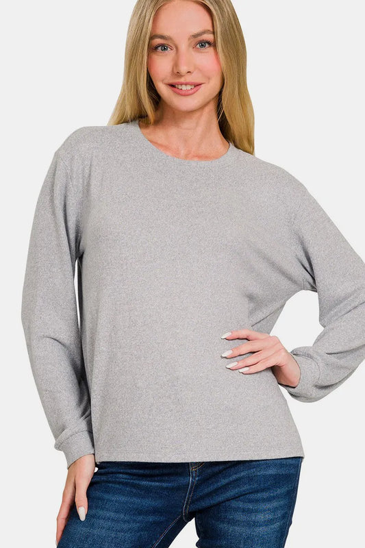 Image of Zenana Hacci Round Neck Long Sleeve T-Shirt | Queeble.shop