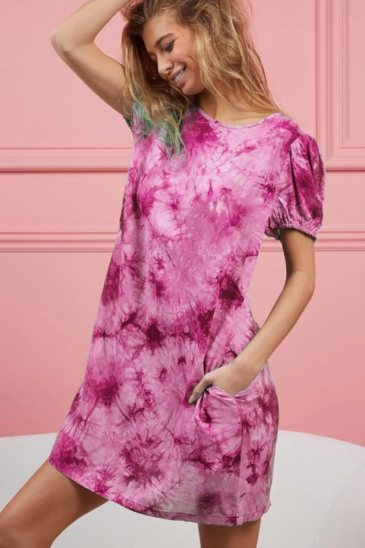 Image of BiBi Puff Sleeve With Side Pockets Tie Dye Dress | Queeble.shop