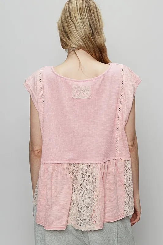 Image of POL Embroidered Detail Boat Neck Cap Sleeve Lace Blouse | Queeble.shop