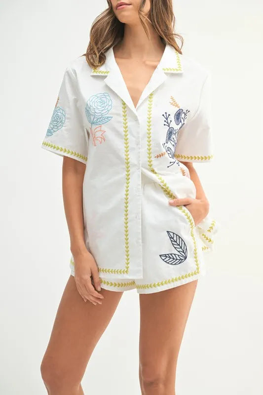 Image of MABLE Embroidered Button Down Shirt and Shorts Set | Queeble.shop
