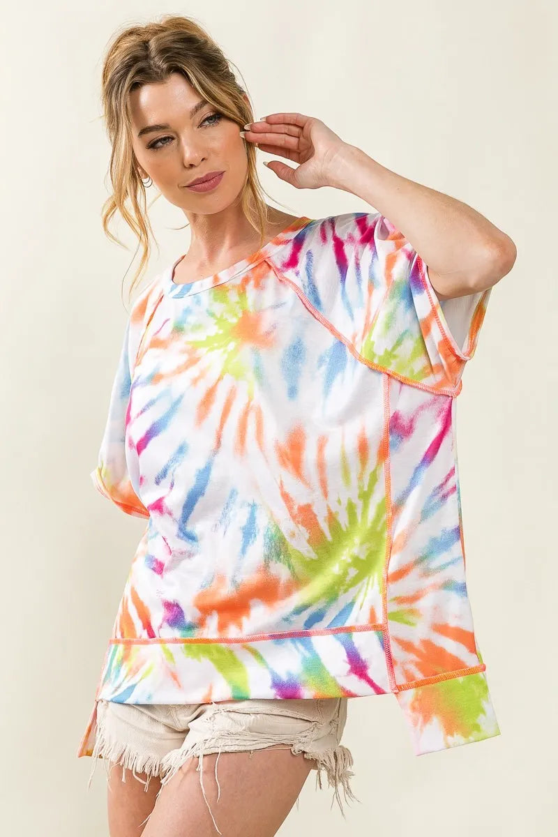 Image of BiBi Tie Dye Print Jersey Stitched Uneven Hem Top | Queeble.shop