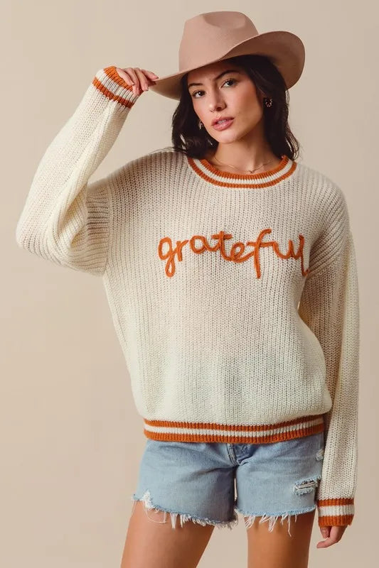 Image of SO ME Thanksgiving Grateful Lettering Stitch Sweater | Queeble.shop