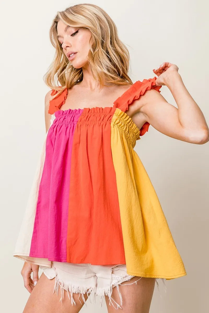 Image of BiBi Frill Shoulder Strap Color Block Bodice Top | Queeble.shop