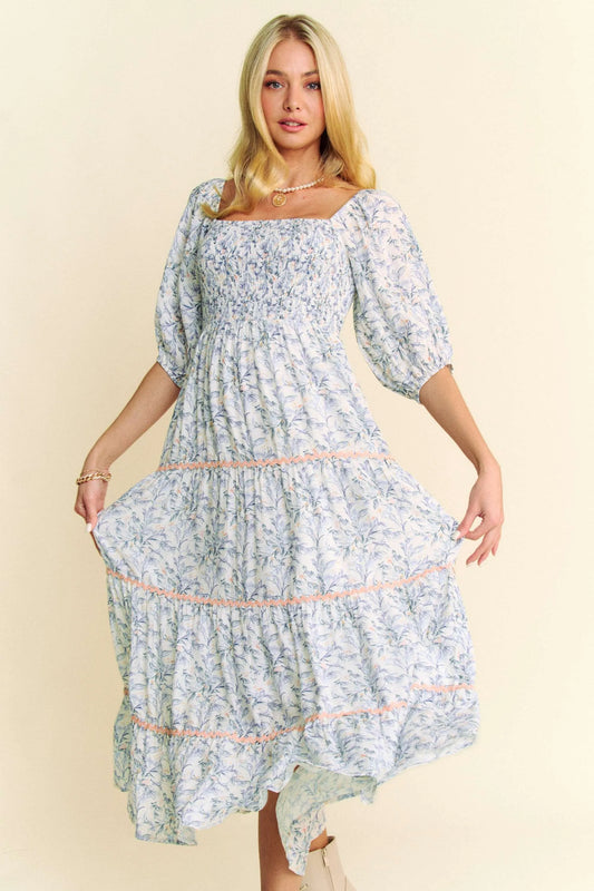 Image of Davi & Dani Contrast Ric Smocking Bodice Tiered Midi Dress | Queeble.shop