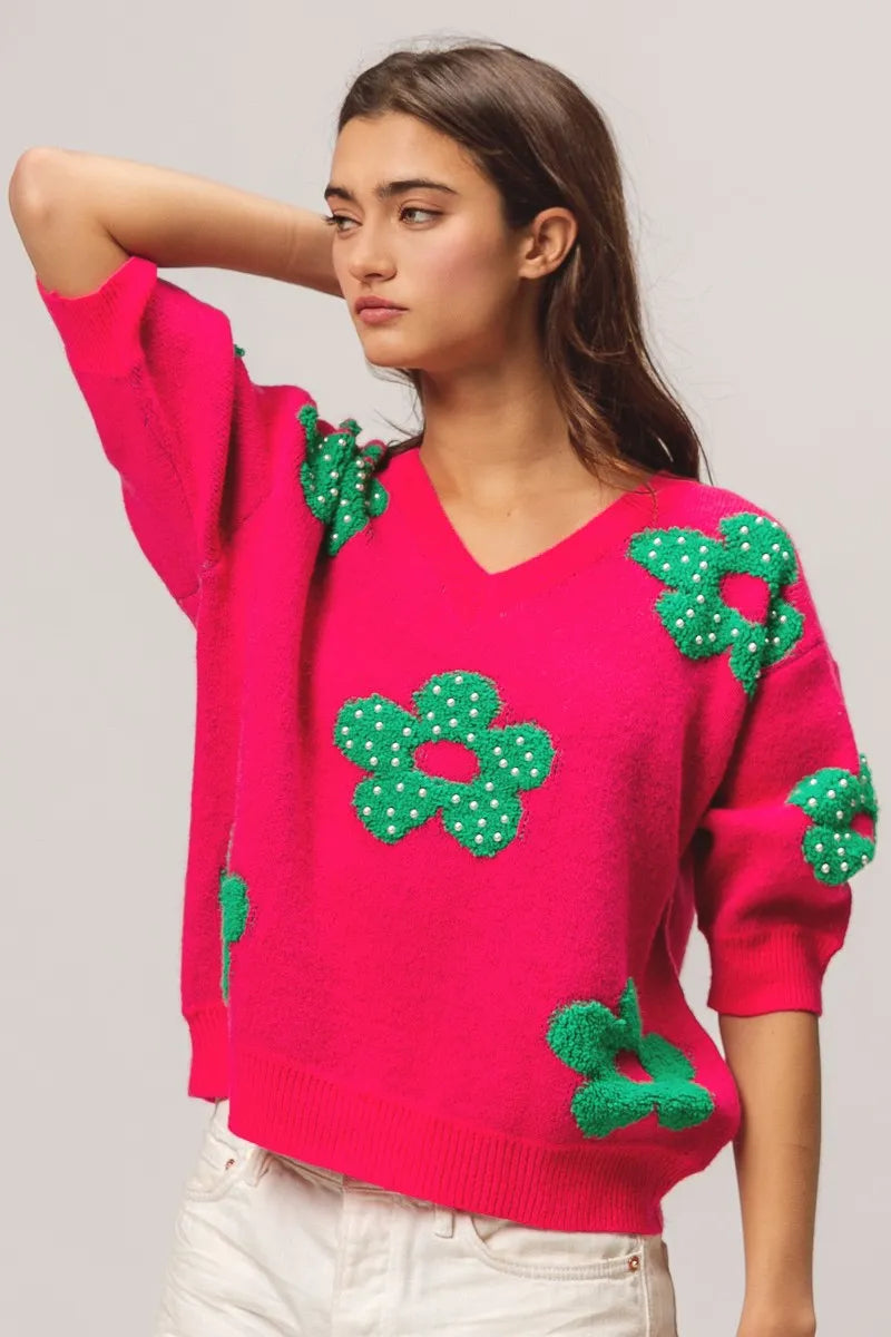 Image of BiBi Pearl Beads Flowers Sweater Top | Queeble.shop