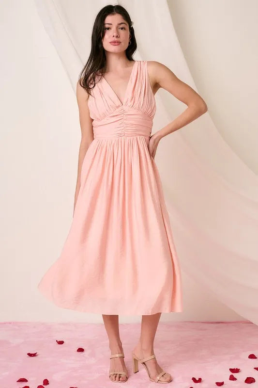 Image of Mittoshop Ruched V-Neck Sleeveless Midi Dress | Queeble.shop