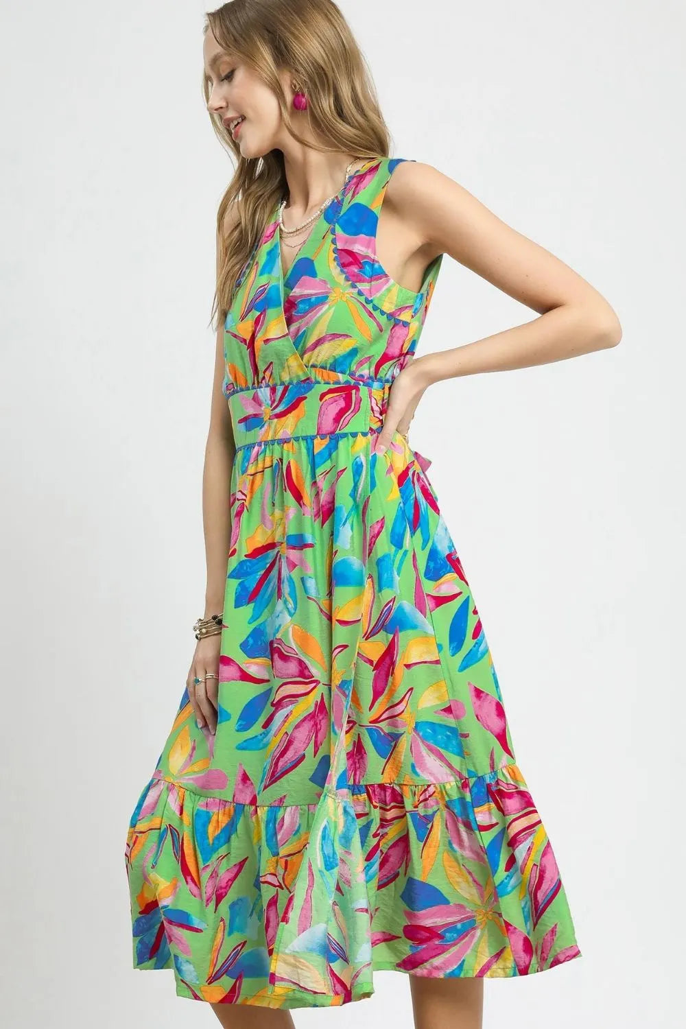 Image of Umgee Ruffled Hem Printed Sleeveless Midi Dress | Queeble.shop