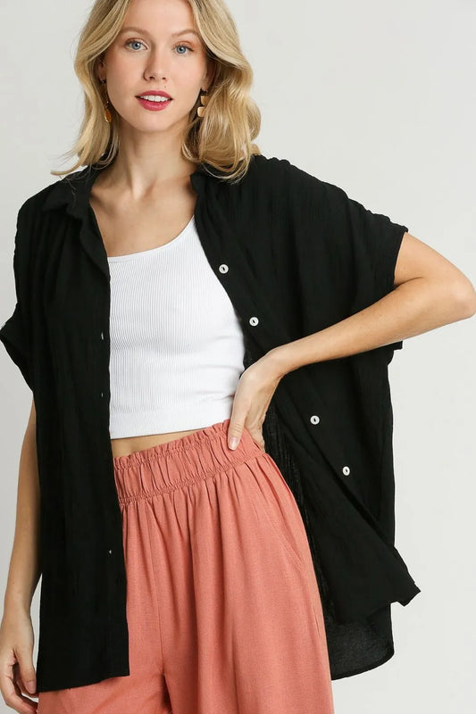 Image of Umgee Full Size Textured Button Down Short Sleeve Shirt Plus Size | Queeble.shop