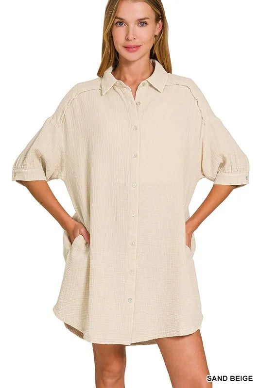 Image of Zenana Washed Double Gauze Button Down Shirt Dress | Queeble.shop
