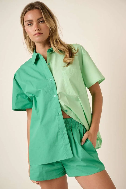Image of Mittoshop Color Block Short Sleeve Shirt and Shorts Set | Queeble.shop