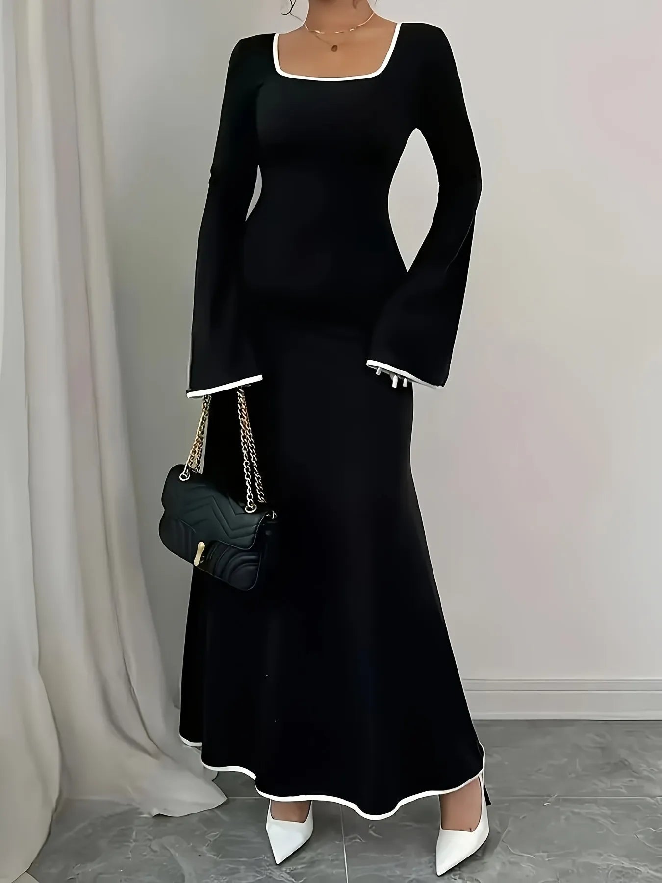 Image of Plus Size Contrast Trim Square Neck Long Sleeve Maxi Dress | Queeble.shop
