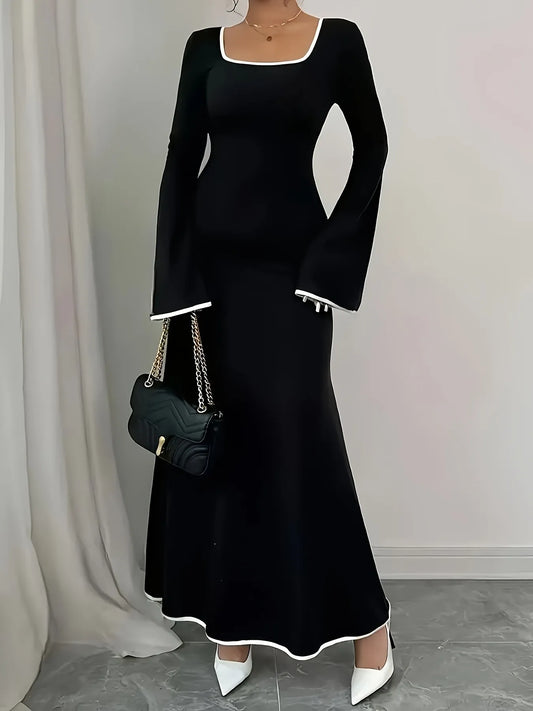 Image of Plus Size Contrast Trim Square Neck Long Sleeve Maxi Dress | Queeble.shop
