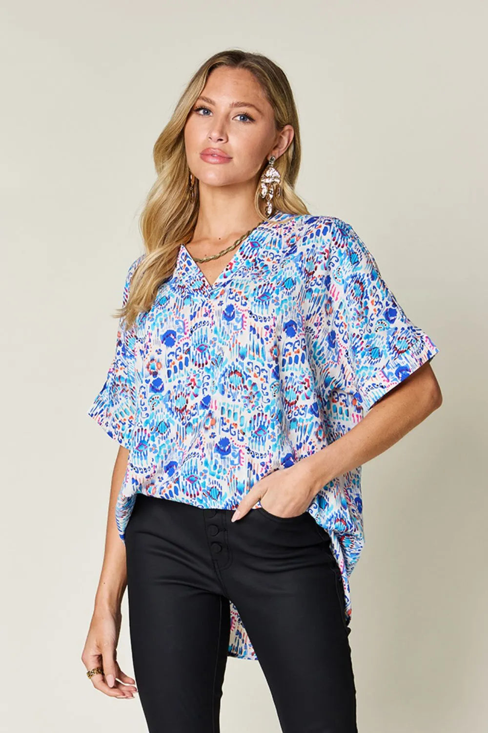Image of Double Take Full Size Printed V-Neck Short Sleeve Blouse | Queeble.shop