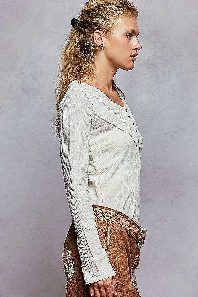 Image of POL Ribbed Half Button Lace Detail Knit Top | Queeble.shop