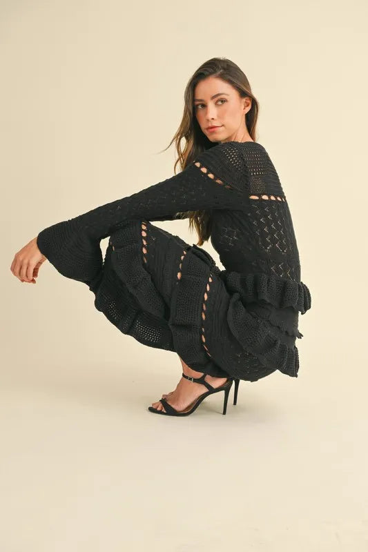 Image of MABLE Long Sleeve Tiered Ruffle Knit Midi Dress | Queeble.shop